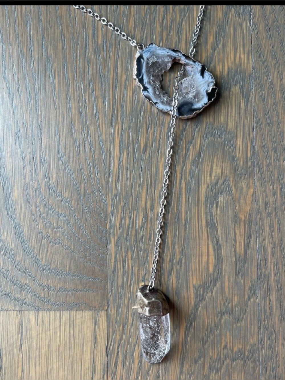Harper Silver Geode and Clear Crystal Lariat Necklace